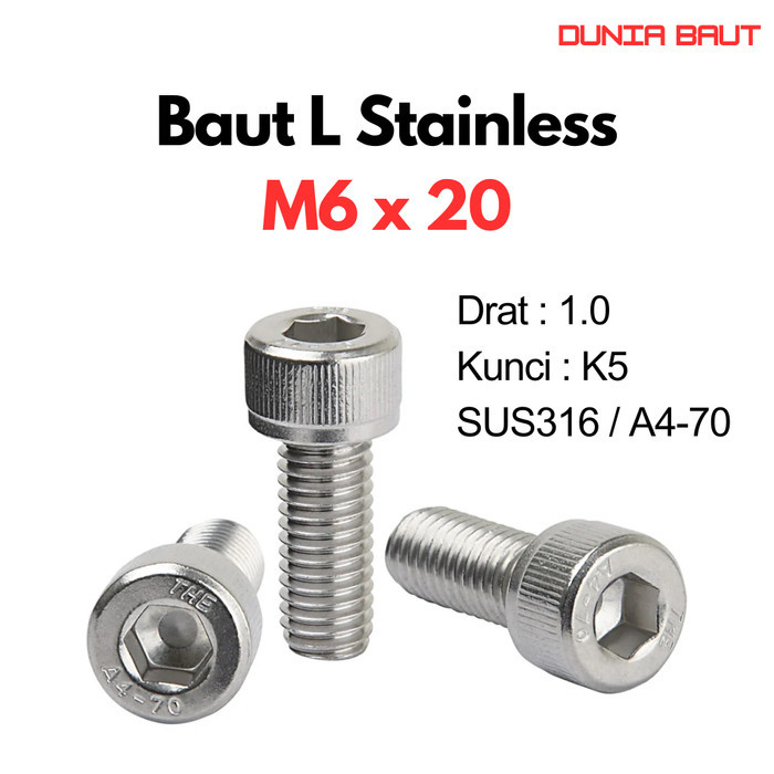 DIN 912-1983 SS316 Baut L Stainless M6X20 / 6X20 / M6 X 20 / 6 X 20 Full Drat SUS316 / A4-70 Hex Soc