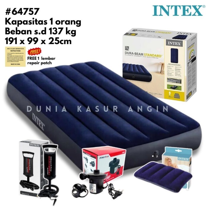 Kasur Angin Intex DuraBeam 64757 Single - BIRU - FREE Pompa Elektrik