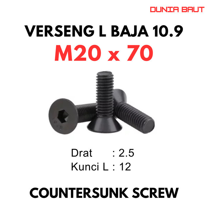 Baja 10.9 Baut JFL M20X70 / Baut Verseng L 20X70 / Countersunk L M20 X 70 / 20 X 70  - Socket Counte