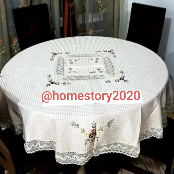 taplak meja makan kain katun renda sulam pita impor bulat 230cm 8-12 k
