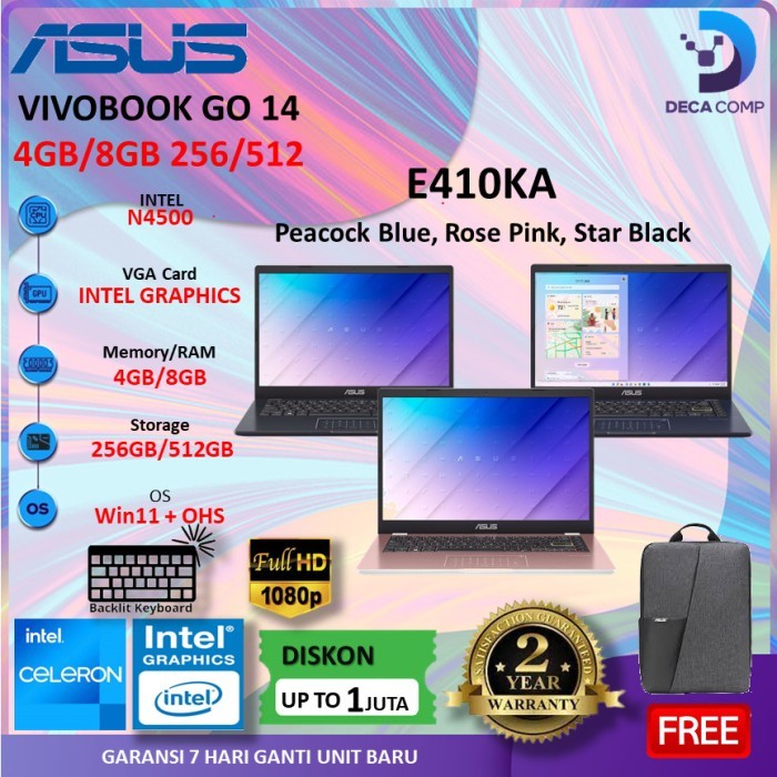 Laptop Asus Vivobook Go E410Ka N4500 4Gb/8Gb 256Ssd/512Ssd W11+Ohs 14.0Fhd/A416Ka Fhd421