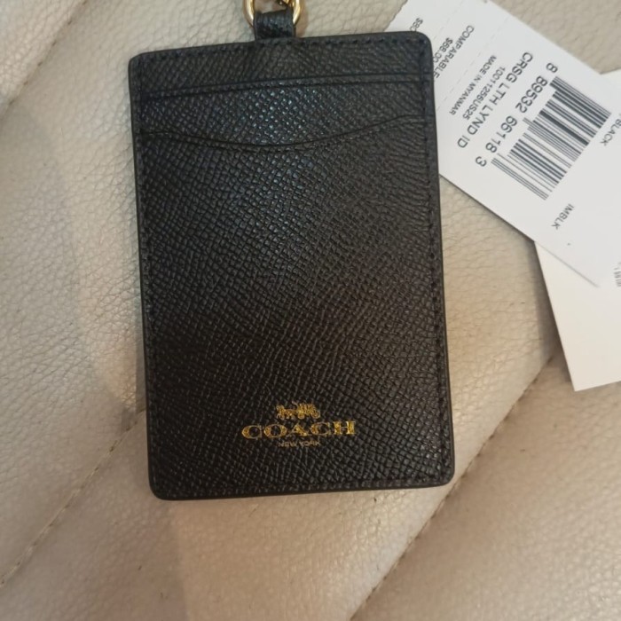 

COACH PVC ID Lanyard Black Crossgrain Leather AUTHENTIC USA
