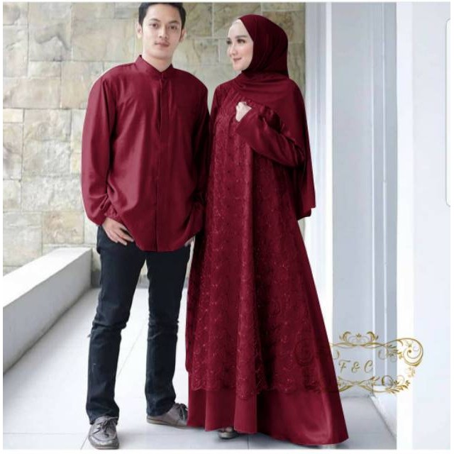 Gamis Couple Brokat Kapel Pasangan Batik Lebaran Idul Fitri Muslimah Sepasang Baju Hari Raya Suami I