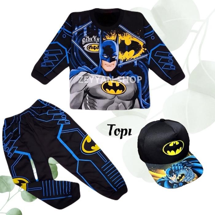 Baju Anak Laki Laki Kostum Motif Batman Celana Panjang Usia 1-10 Tahun Bisa Set Topi Dan Topeng Bayi