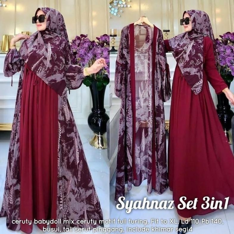 Diskon Syahnaz Set 3 In 1 Fashion Setelan Syari Wanita Bahan Ceruty Babydoll Terbaru 2023 Gamis + Ke