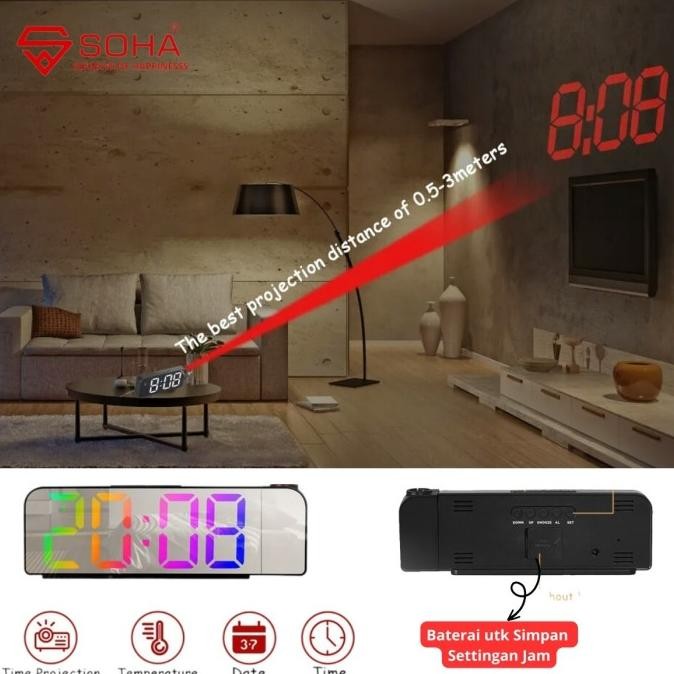 

JD-8013 Jam Digital Proyektor Warna Rainbow Jam Meja LED Smart Alarm L21N