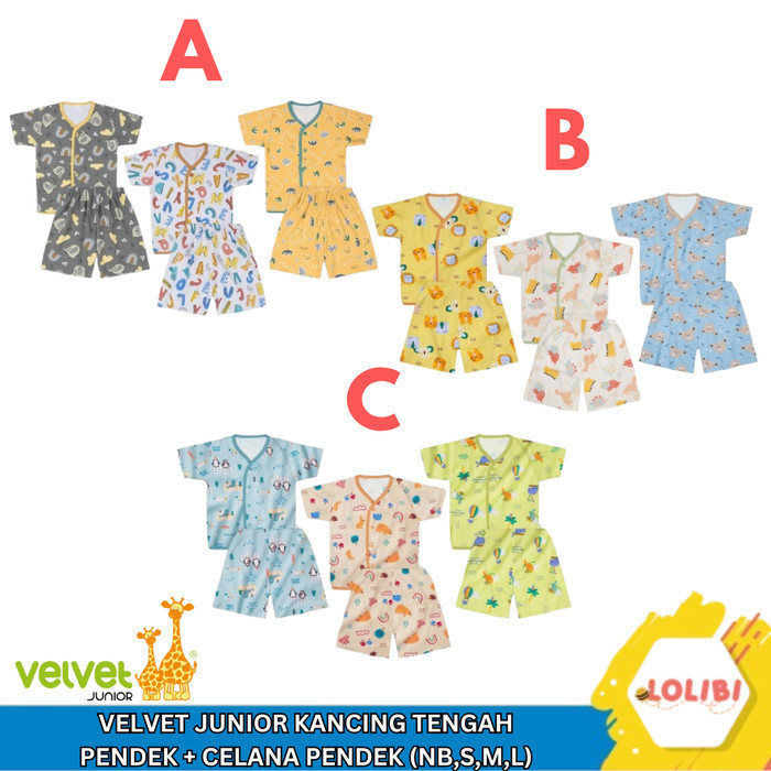 Velvet Junior Motif Terbaru Kancing Tengah + Celana Pendek - 3pcs