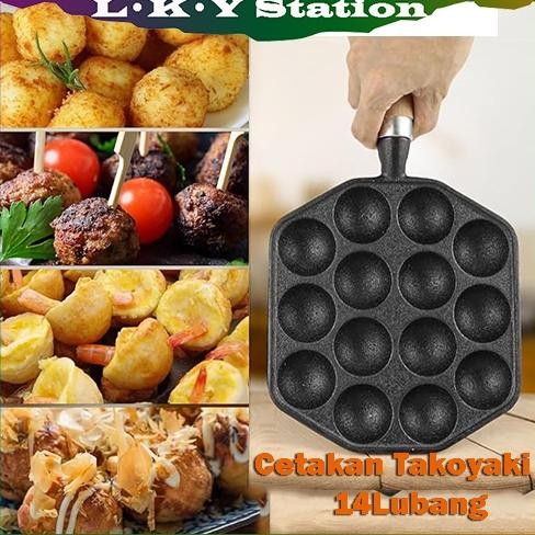 14 Lubang  Cetakan Takoyaki pegangan kayu Penggunaan rumah tangga No-Stick Baking Tray Cetakan Takoy