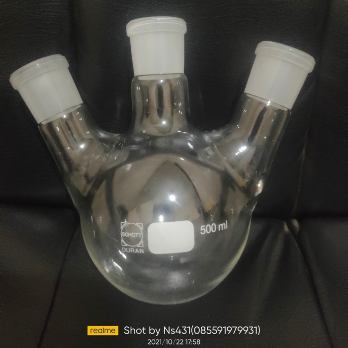 boiling flask 3 neck 500 ml duran / labu alas bulat 3 leher 500ml dur