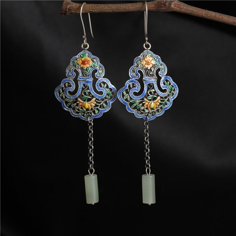 Rumah Tsui Produk Baru S925Anting-Anting Sambungan Bambu Ruyi Teratai Cloisonne Vintage Antik Perak