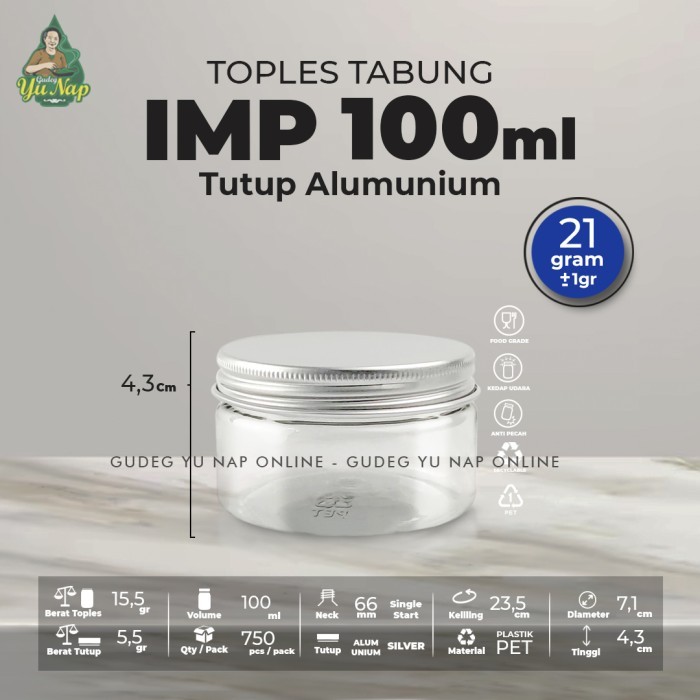 TERLENGKAP Toples Tabung KECIL 100 ml TUTUP ALUMUNIUM Jar Plastik Silinder 100ml