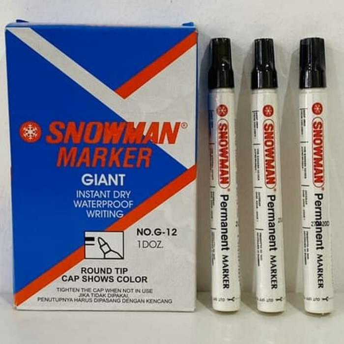 

Spidol Merk Snowman Permanent Marker Tinta Hitam 1 box Isi 12 Buah