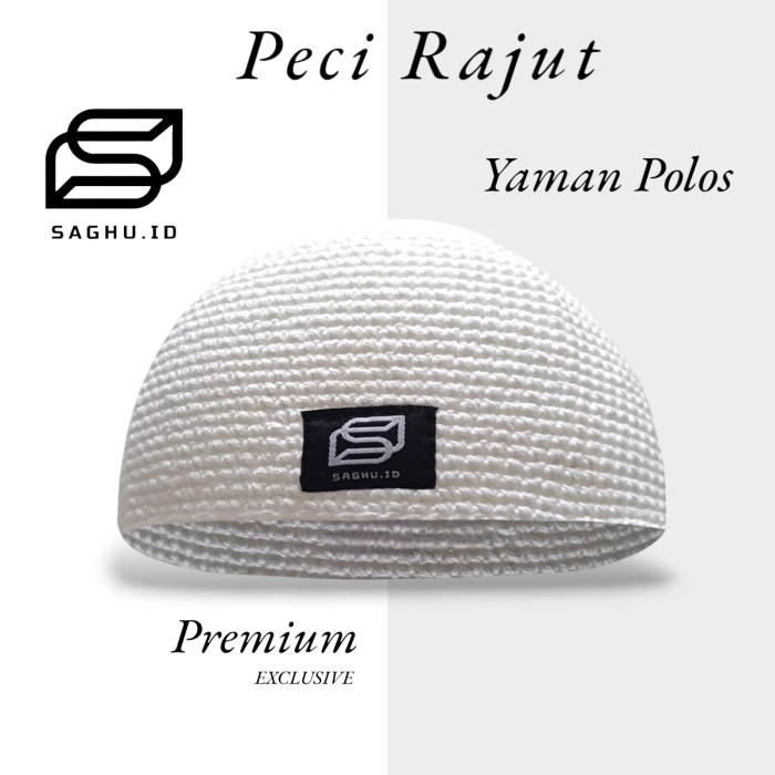 Peci Rajut Yaman Polos Putih Dewasa Handmade kopiah songkok premium Saghu.id