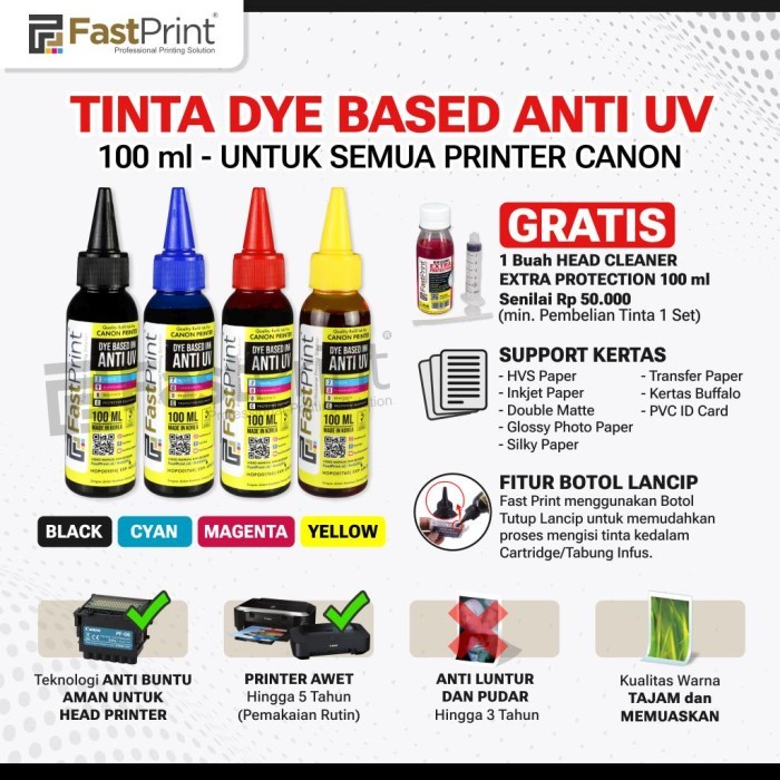 

Tinta Dye Based Anti UV Canon 1 Set - 4 Warna - 100 ML
