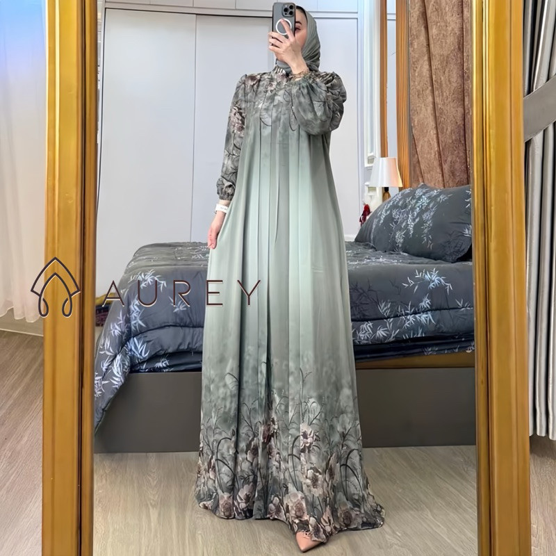 Aurey - Set Hijab Gamis Agista Dress Wanita Ceruty Motif Kekinian Gamis Free Hijab Gamis Ceruty