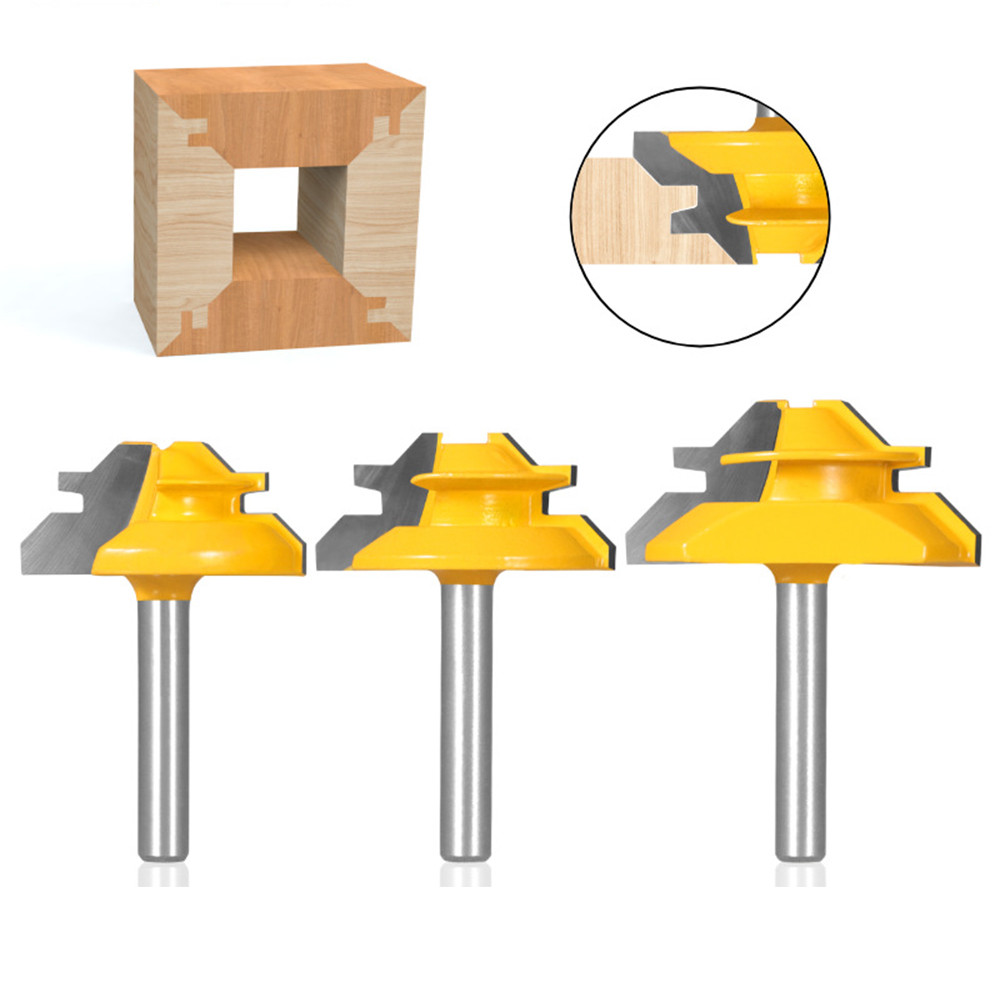 HRN 3pcs Milling Cutter 45 Degree Lock Miter Router Bit 6mm 8mm 1/2 1/4 Stock Medium Lock Miter Mill