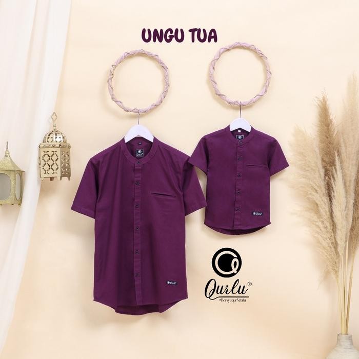 Qurlu - Kemeja Koko Dewasa / Anak Warna Ungu Tua ( Baju Couple Ayah Dan Anak Laki Laki ) Baju Koko