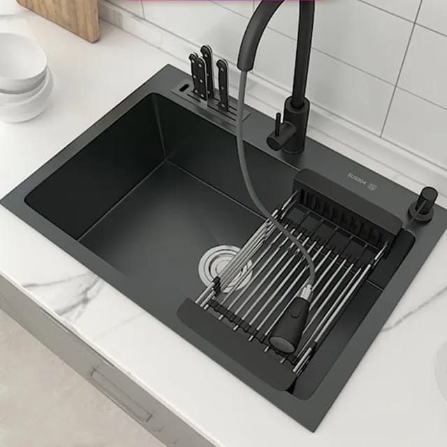 Kitchen Sink 1 Bowl 6045 Black Plus Tempat Pisau Bak Cuci Piring 1 Lubang Hitam Stainless 304