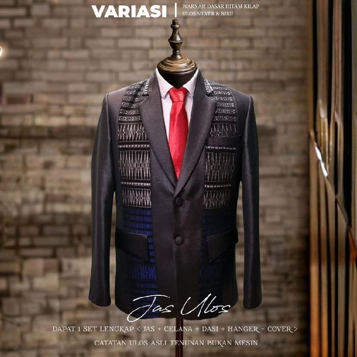 JAS ULOS BATAK PRIA SETELAN LENGKAP DASAR HITAM KILAP CORAK SILVER & BIRU