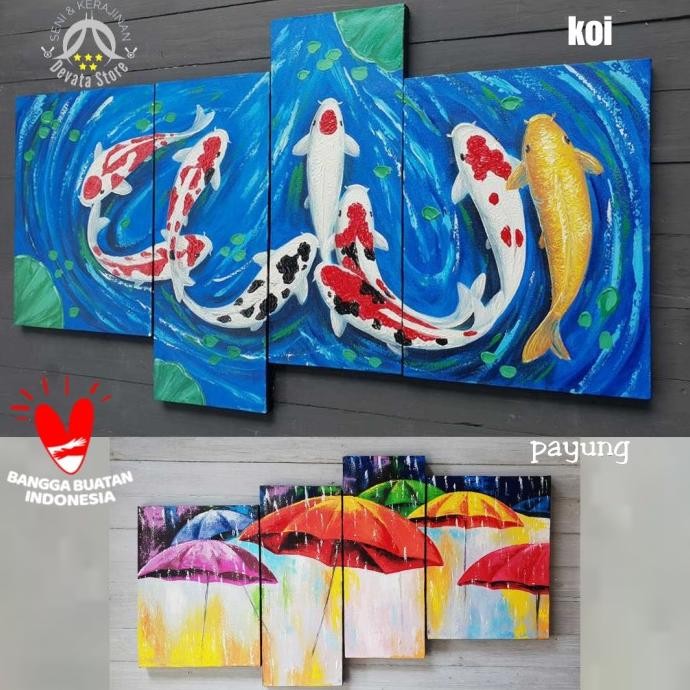 LUKISAN BESAR IKAN KOI FENGSUI 9 EKOR HIASAN DINDING PAYUNG FULL COLOR