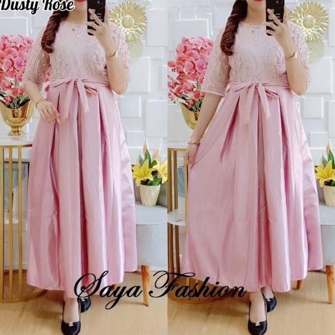 Terlaris Longdress Tile Bordir Kombi Satin Bridal Tali Ikat Gaun Pesta Kasul Premium 8785 SALE