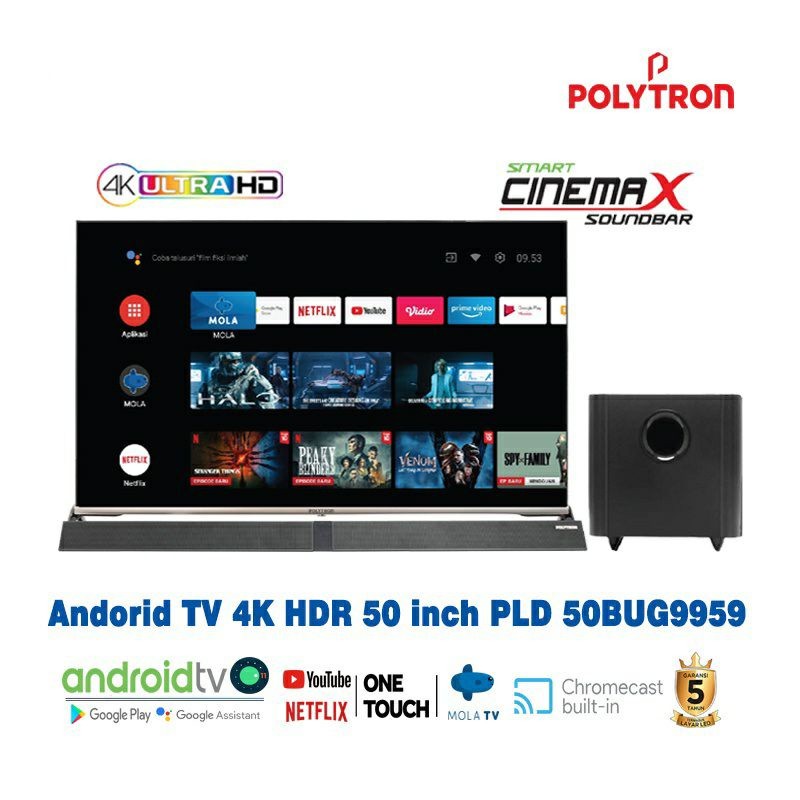 POLYTRON TV LED ANDROID 50Inch + Soundbar TV Android PLD-50BUG9959