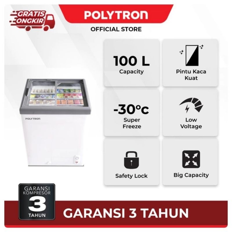Chest Freezer Box Polytron Pintu Sliding Kaca 100Liter PCF 129