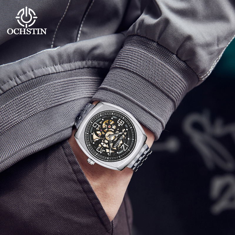 Ochstin Luxury Business Mens Watch Automatic Mechanical Watch Waterproof Leather Strap Black And