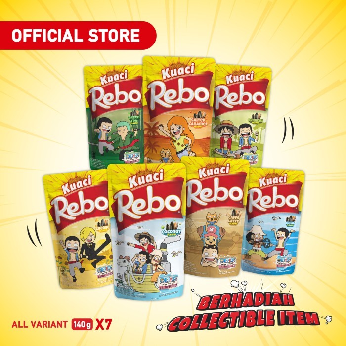 

Rebo Kuaci x One Piece Bundling 7 PCS - Rasa Original, Milk, Green Tea, Caramel, Coconut, Cheese,
