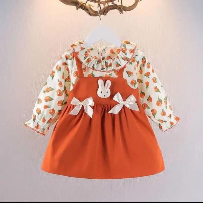 New  promo drees anak wanita terbaru lebaran motif bunga - orange  S Idul Fitri