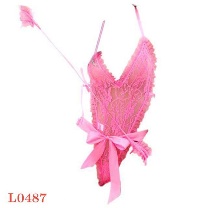 L0487 Baju Tidur Haram Sexy Teddy Bodysuit Halter Lace Pink Magenta