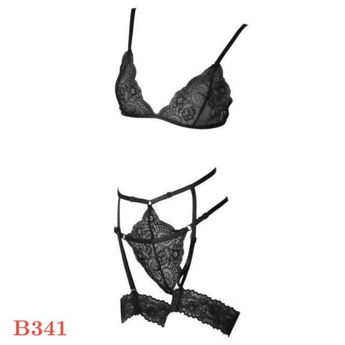 B341 Bra Set Sexy Bikini Bralette Hitam Transparan Cd Garter Paha Hot