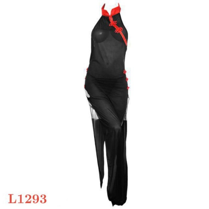 L1293 Costume Cosplay Sexy Cheongsam Chinese Halter Hitam Transparan