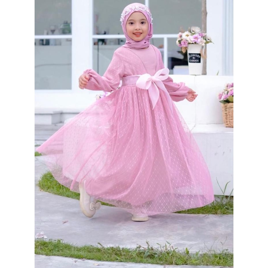 Gamis anak perempuan muslim mewah terbaru gaun putih mutiara panjang tile lebaran Ladys Kid