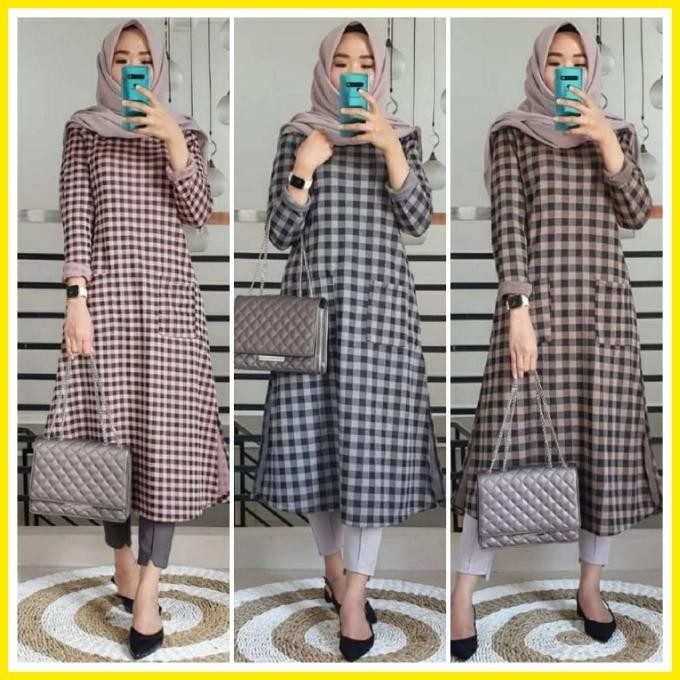 TUNIK WANITA REMAJA KOTAK ATASAN FLANEL KAOS LENGAN PANJANG MUSLIM OK