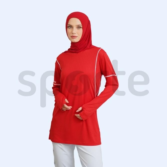 Sale Baju Kaos Olahraga Wanita Muslim Muslimah Panjang Sporte Merah Putih