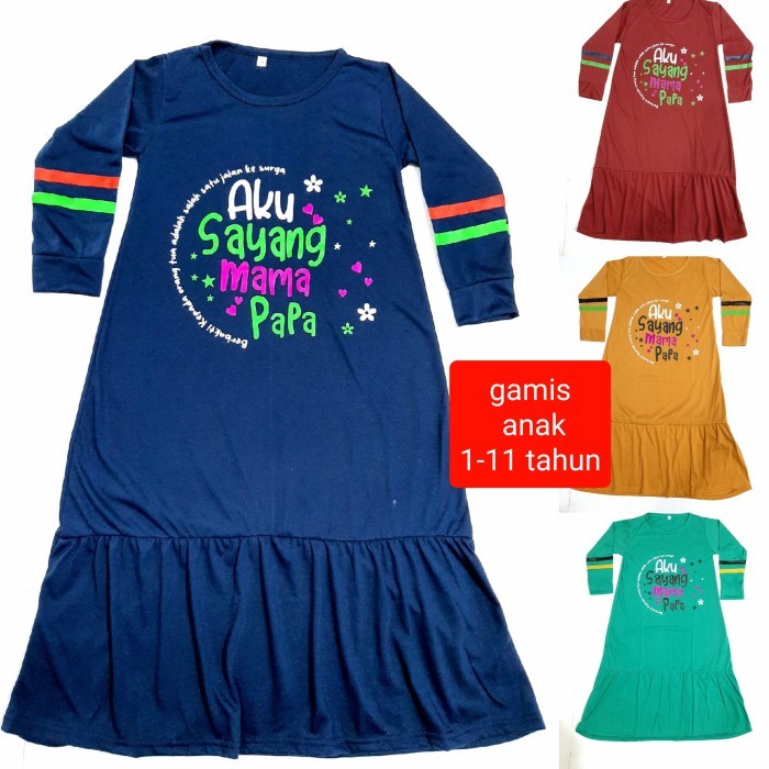 PI302 gamis anak perempuan kaos lengan panjang papa MAMA kerut muslim TERMURAH