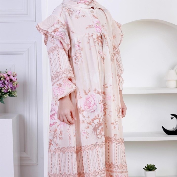 Terlaris Dungdungkids Gamis Anak Vanesha Ceruty Motif Bunga Plisket Free Jilbab Segi Empat 5 - 11
