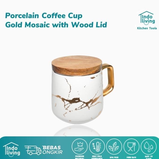 

Super Hot!, Porcelain Cup Gold Wood Lid 300Ml - Cocok Utk Hampers Imlek / Lebaran