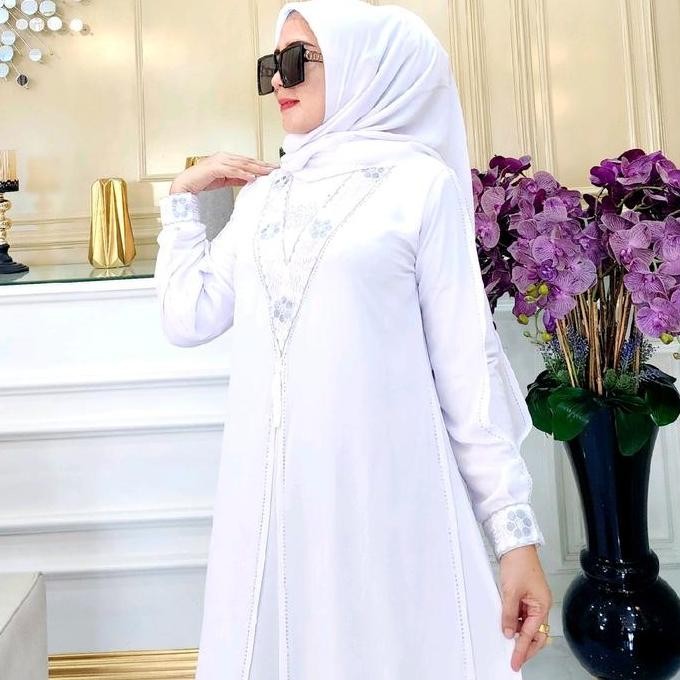 Gamis Abaya Turkey Bordir Rempel Putih Kombinasi Lembut Muslim White Promo