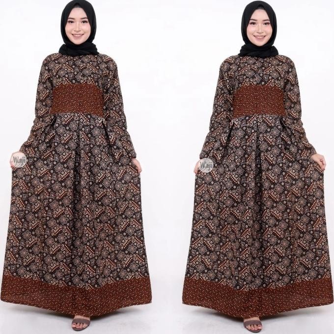 Gamis Batik Wanita Terkini Katun Motif Coklat Baju Muslimah Modern Terbaru