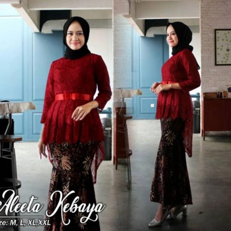 CR - Setelan Kebaya Brokat Aurora Model Pingwin panjang belakang Plus Rok Duyung Batik Mermed Setela