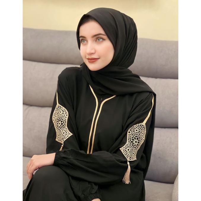Hot Sale, Abaya Hitam Dubai Jetblack Gamis Arab Hitam Saudi Busui Terompah Tasle