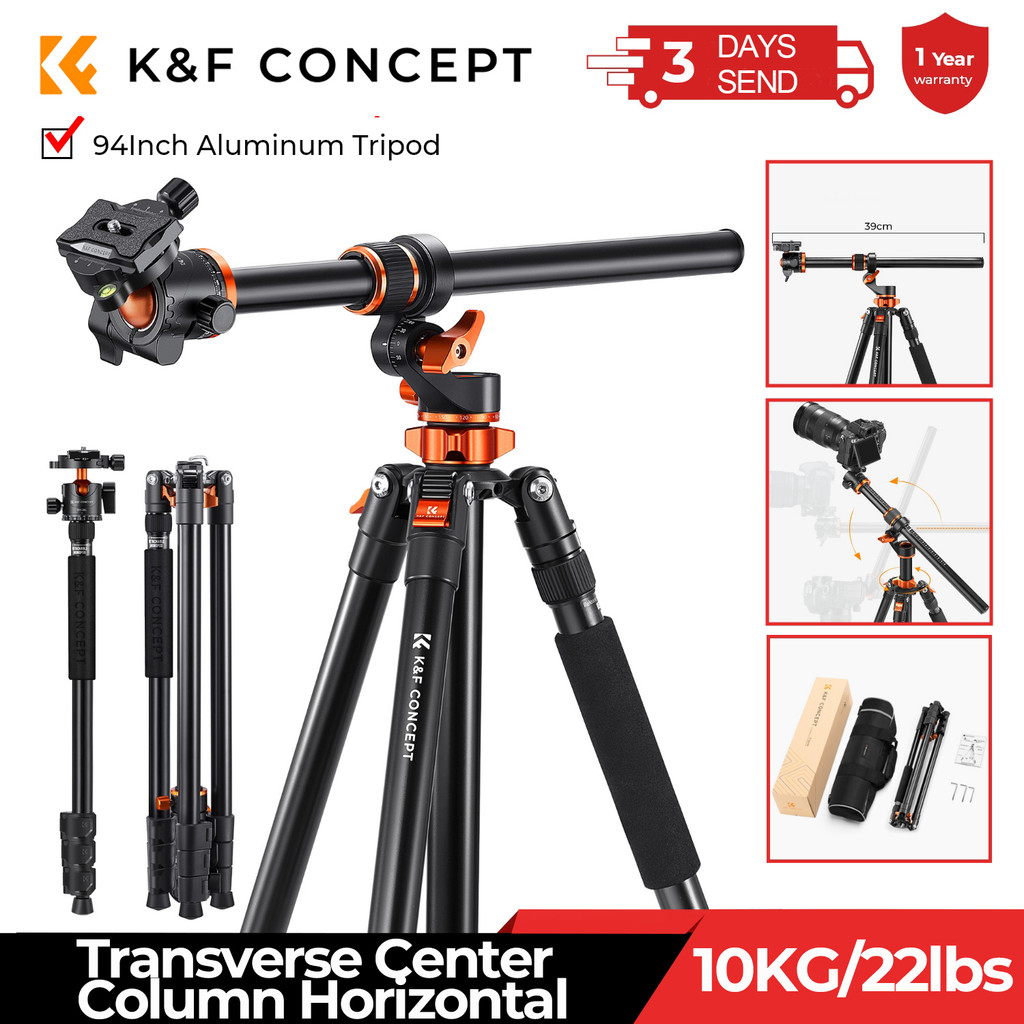 FIDU 90 inch /2.3m Camera Aluminum Alloy Tripods Reversible Transverse Center Column Tripod Travel T