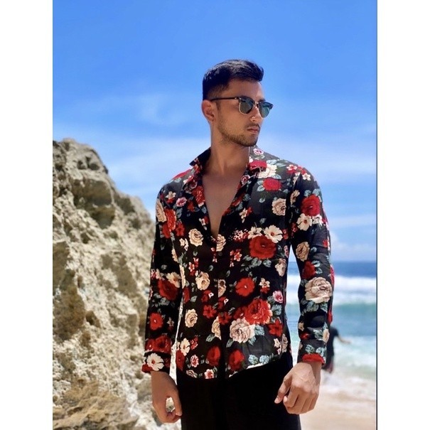 Baju kemeja pantai floral etnik bunga daun panjang rayon pria retro