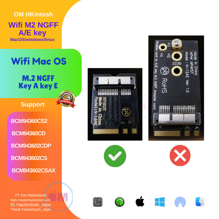 Adapter wifi BCM94360 M2 NGFF key A key E pendek