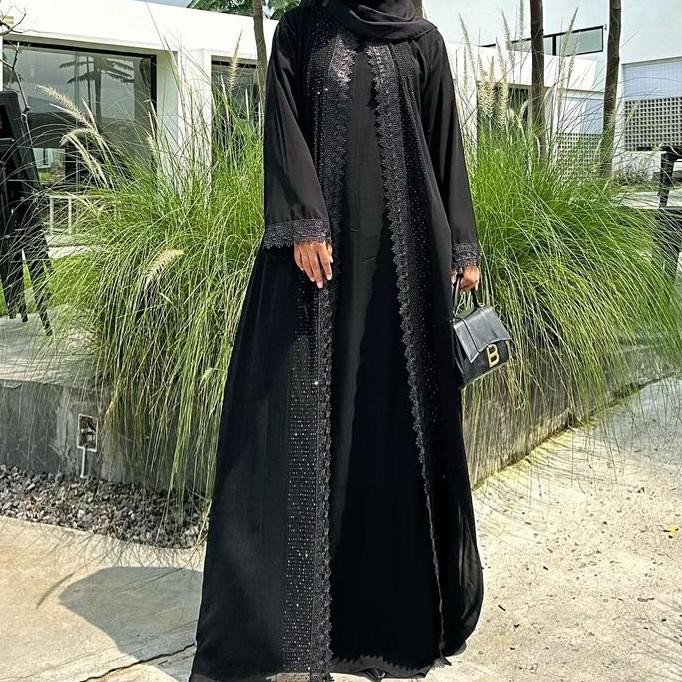 Super Promo, Abaya Hitam Gamis Wanita Terbaru Turkey Arabian Black Renda Exclusife Sifon Muslim Dres
