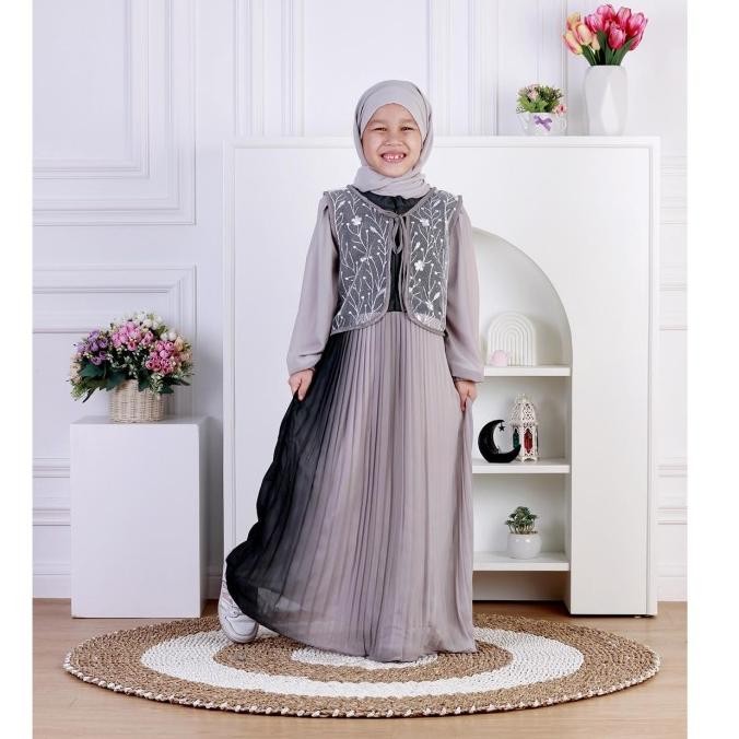 Dungdungkids Gamis Anak Moreen Ceruty Babydoll Plisket Rompi Tile Bordir Free Pashmina3-12Tahun Terl