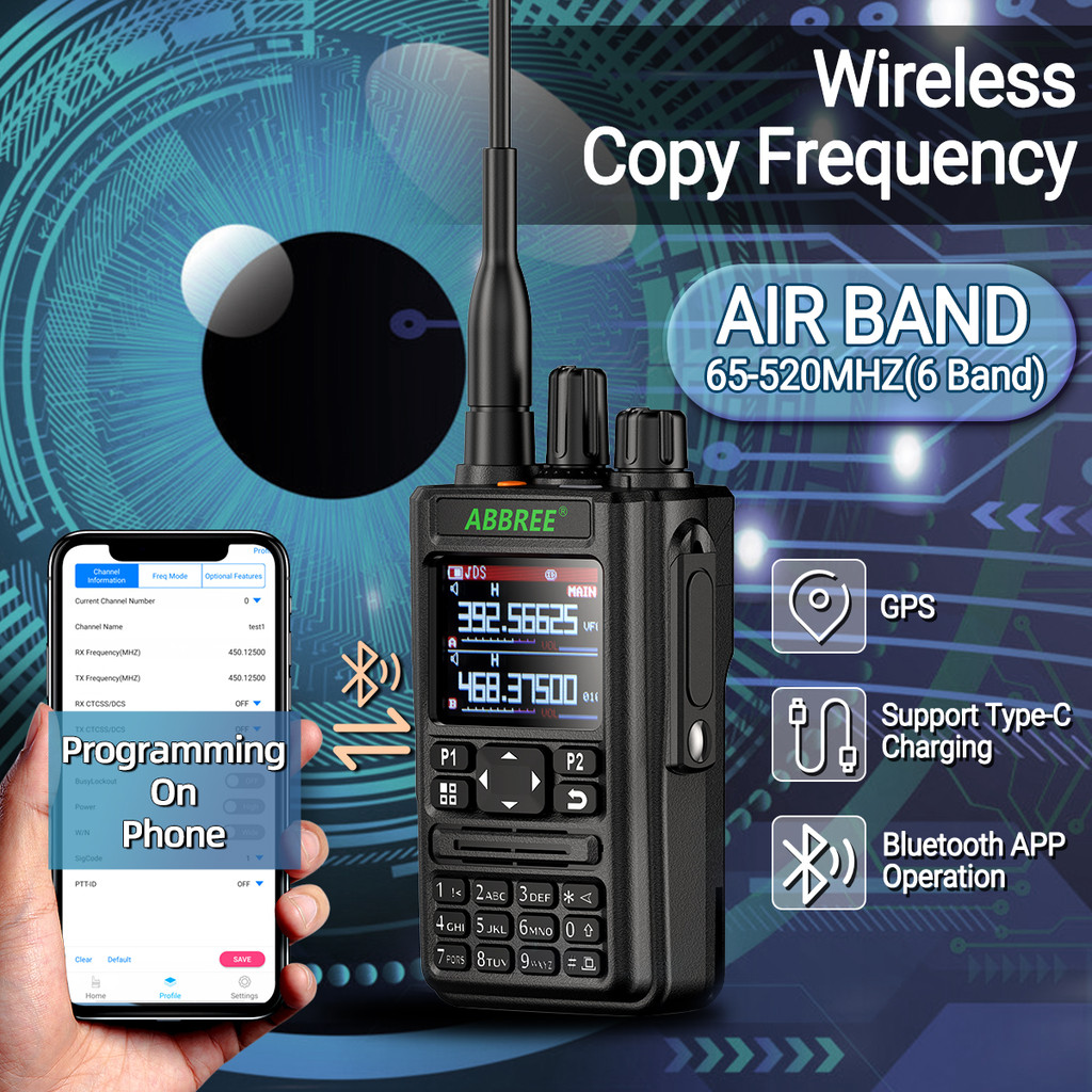 DAMO ABBREE AR-869 Walkie Talkie Bluetooth Program GPS Air Band Transceiver Wireless Copy Frequency 