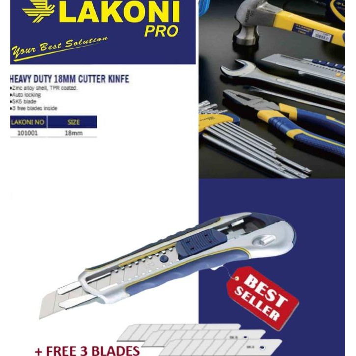 

SIAP KIRIM HEAVY DUTY 18MM CUTTER KNIFE LAKONI PRO 101001 FREE 3 BLADES